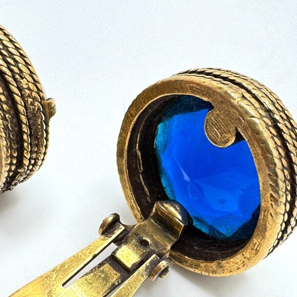 Cobalt Blue Earrings Vintage Crystal Textured Gold Tone Round Clip-On - Picture 6 of 13